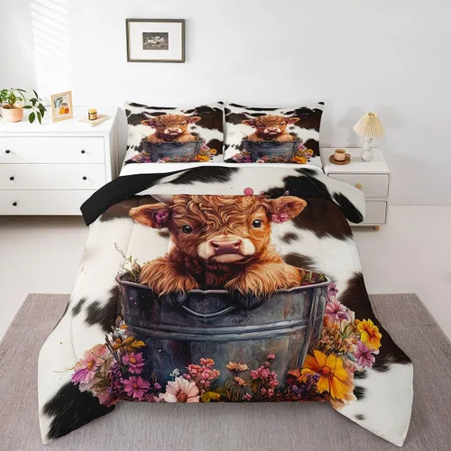 Miniatura 25 de Erosebridal Highland Cow - Juego de edredón tamaño matrimonial, juego de ropa de cama de toro de cuerno largo occidental para niños y adultos, Verde