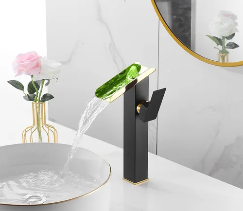 Miniatura 4 de Grifo de Recipiente Negro para Baño Cascada Boquilla Abierta LED Cambio de Color por Temperatura Grifo de Lavabo para Fregadero de Tazón Mango