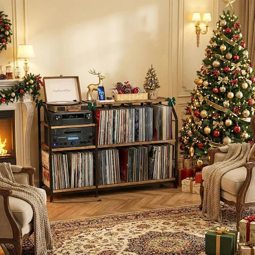 Miniatura 2 de Faesun Soporte grande para tocadiscos de 51.7 pulgadas con almacenamiento de discos de vinilo y tomas de corriente, gabinete de almacenamiento