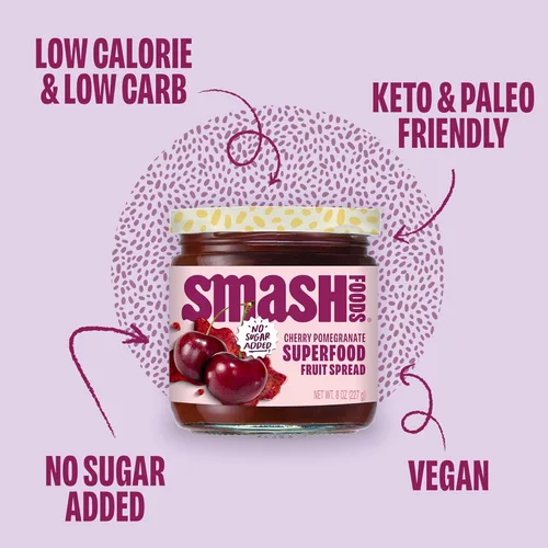 Miniatura 3 de Smash Foods Mermelada de Cereza y Granada Mermelada Keto Baja en Calorías, Sin Azúcar Añadida con Fruta Reutilizada y Semillas de Chía Untable