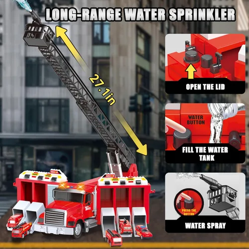 Miniatura 3 de Juego de camiones de bomberos de accionamiento inercial de 27 + pulgadas, escalera elevable/aspersor de agua giratorio de 180°, 6 juguetes