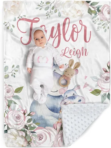Miniatura 9 de Manta de bebé personalizada, manta de felpa suave con respaldo de puntos de doble capa para niños y niñas, nombre personalizado con diseño de animal