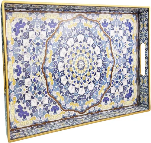 Miniatura 27 de Bandeja de servir azul con 4 asas, bandeja decorativa de plástico para mesa de café, otomana - Ideal para sala de estar y baño. 15 x 11 x 1.9