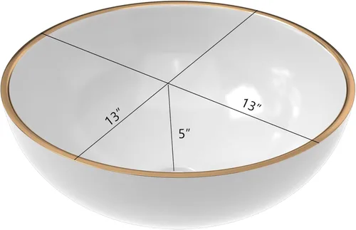 Miniatura 6 de Fregadero de recipiente blanco redondo - Fulorni 33x33 cm Lavabo de baño de cerámica de porcelana con borde dorado sobre encimera, fregadero