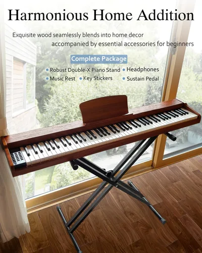Miniatura 3 de Longeye Teclado de piano de 88 teclas, piano eléctrico de madera, piano digital semipesado para principiantes y profesionales con soporte