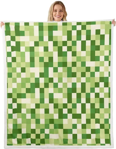 Miniatura 18 de Manfei Miner Style Grid Throw Blanket Green Pixel Shade Plaid Fleece Blanket Modern Geometric Games Cozy Throws for Bed Couch Sofa,Kids Boys Girls