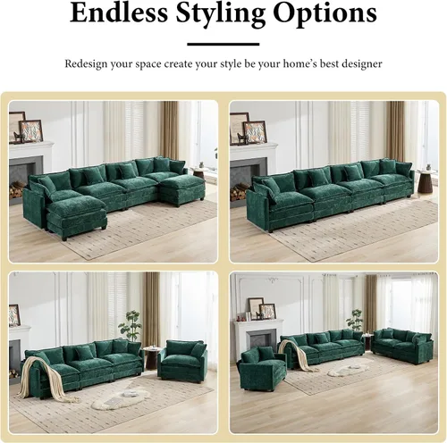 Miniatura 8 de Sofá seccional modular verde de 111.5", sofás seccionales grandes de 3 plazas para sala de estar, sofá nube oversized de tela chenille con otomana