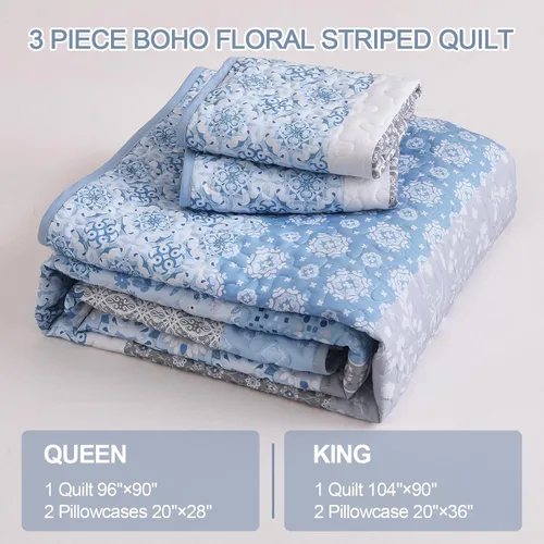 Miniatura 7 de WONGS BEDDING Juego de edredón bohemio tamaño Queen, juego de colcha de retazos a rayas bohemias aguamarina con 2 fundas de almohada, juego de ropa