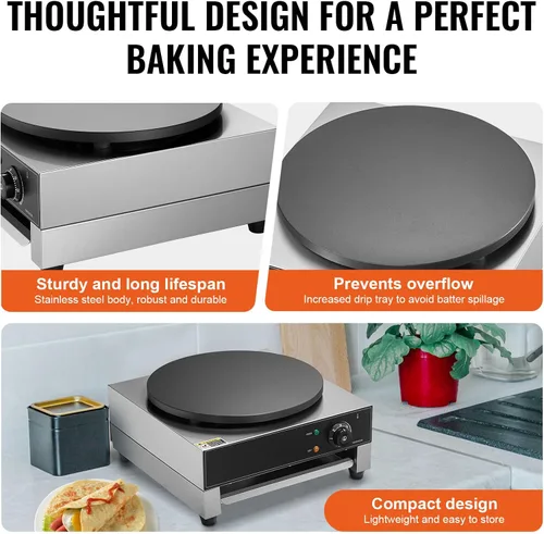 Miniatura 5 de HappyBuy Máquina eléctrica de crepé - 16 pulgadas, 1700 W, acero inoxidable antiadherente, escritorio, control de temperatura, para uso comercial
