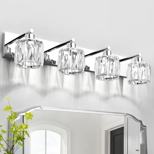 VOLISUN Luces de tocador de cristal – 4 luces modernas de acero inoxidable para baño sobre espejo, acabado cromado – Certificado UL (excluir Cromado