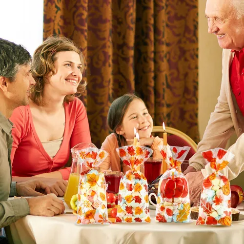 Miniatura 5 de Bolsas de regalo de otoño para Acción de Gracias, 100 piezas de bolsas de celofán para Acción de Gracias de otoño, bolsas de regalo de plástico