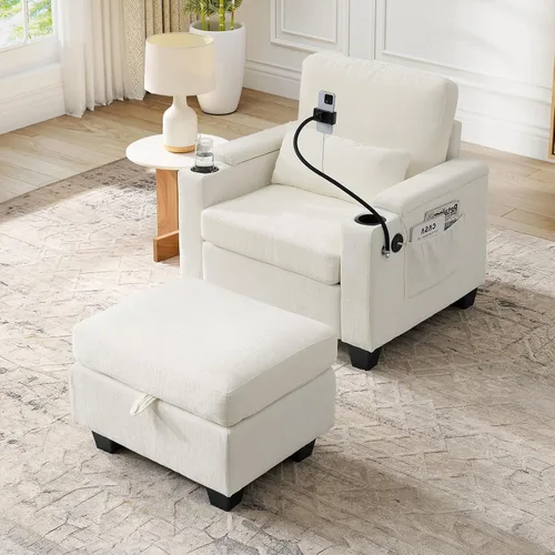 Miniatura 8 de Chaise Lounge Chair para interiores con puerto USB y soporte para teléfono, sillón reclinable pequeño de felpilla con otomana de almacenamiento