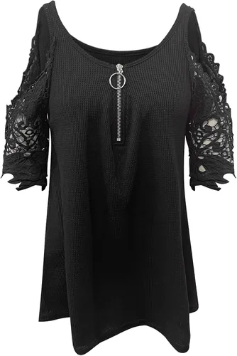 Miniatura 3 de KNFATEQVEDG Camisetas de manga corta con cuello en V y cremallera para mujer, talla grande, con hombros descubiertos, blusas de verano sexy, Negro