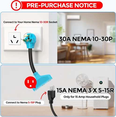 Miniatura 2 de CircleCord Cable adaptador de distribución de secadora de 3 clavijas, 30 amperios a 110 V, NEMA 10-30P macho a 3X 5-15R enchufe doméstico hembra