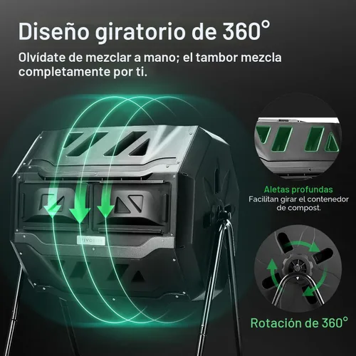 Miniatura 3 de VIVOSUN Cubo de compostaje giratorio para exteriores, con puerta negra de 43 galones, doble lote giratorio Negro