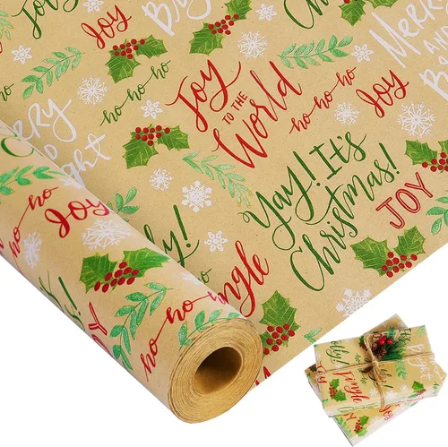 Rollo de papel de regalo de Navidad, rollo de papel kraft vintage, 17 pulgadas x 49 pies, copos de nieve, hojas/bayas de acebo, papel de regalo de