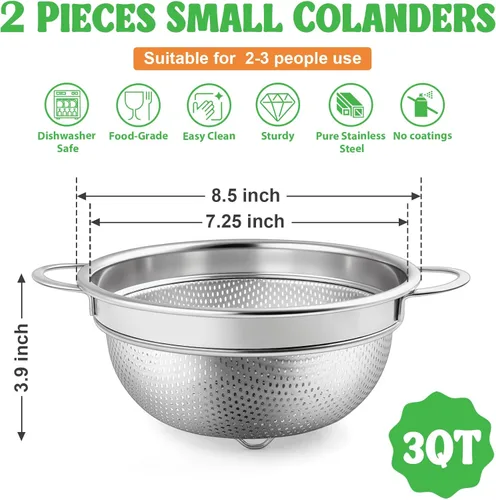 Miniatura 2 de P&P CHEF Colador de acero inoxidable de 3 cuartos de galón, colador de metal microperforado para alimentos de cocina, ideal para enjuagar, lavar