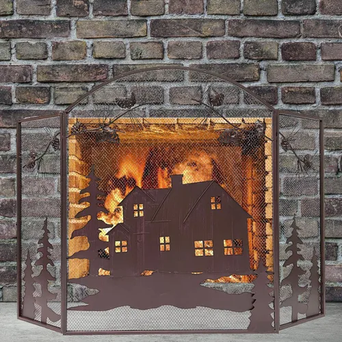 Miniatura 5 de BestGiftEver Pantalla decorativa para chimenea de 3 paneles con diseño de cono de pino de cabaña de casa, cubierta de chimenea, pantalla de malla