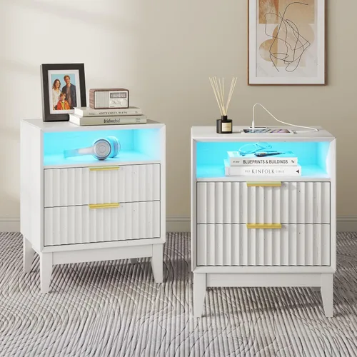 Miniatura 16 de LVSOMT Mesita de noche negra para dormitorio con estación de carga y luces LED, moderna mesita de noche con cajón oculto, mesita de noche