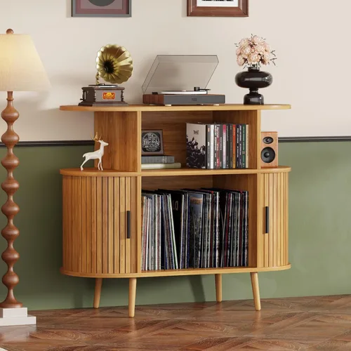 Miniatura 3 de Soporte para tocadiscos de 35.4 pulgadas con almacenamiento, gabinete de almacenamiento de discos de vinilo y consola multimedia con capacidad