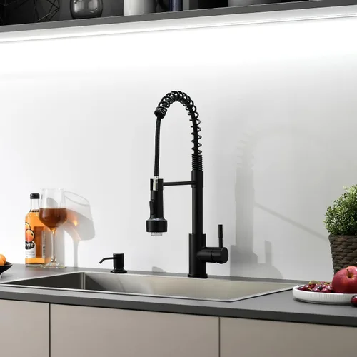 Miniatura 7 de GIMILI Grifo de cocina negro con dispensador de jabón, rociador extraíble de un solo orificio, grifo LED, adecuado para casas de campo, RV, Negro