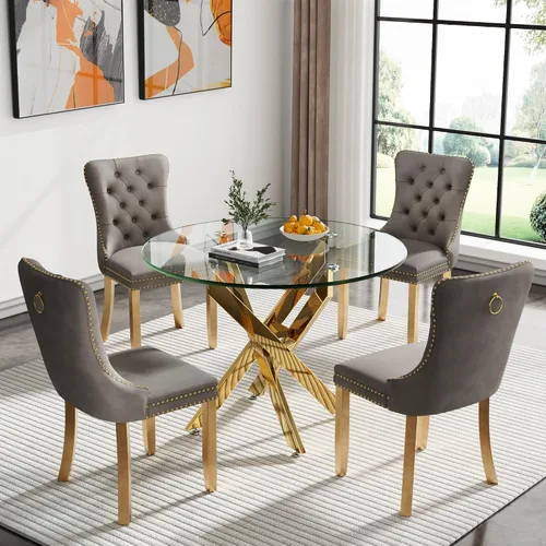 Miniatura 91 de Juego de 4 mesas de comedor de cristal para 4, juego de 4 mesas y sillas de cocina modernas, juego de mesa de comedor de cocina de 5 piezas con mesa