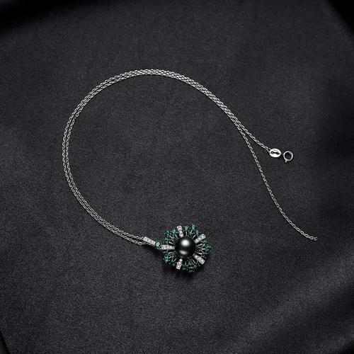 Miniatura 7 de VIKI LYNN 0.394-0.433 in AAA Negro Tahití Cultivado Perla Colgante Collar Joyería para Mujeres con Espinela Verde, Plata esterlina Perla Zirconia