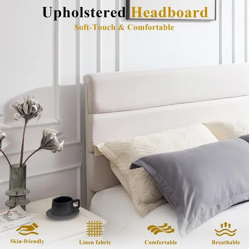 Miniatura 6 de Armazón de Cama de Plataforma Tamaño Full, Armazón de Cama con Cabecera de Tela Suave con Listones de Madera Resistentes – Moderno y Sin Ruido, Base