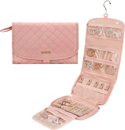 Rollo organizador de joyas de viaje con bolsillos con cremallera, bolsa grande para colgar, para anillos, aretes, collares, pulseras, broches, bolsa