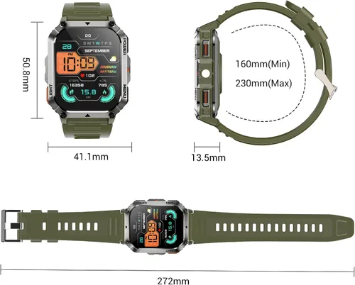 Miniatura 8 de Relojes inteligentes militares para hombres, reloj inteligente para Android iPhone con gran pantalla HD de 2.01 pulgadas, linterna, batería de 100