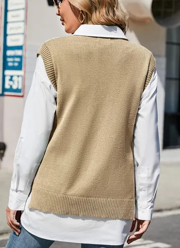 Miniatura 6 de HOCOSIT Chaleco de punto con cuello en V para mujer, estilo preppy a cuadros, sin mangas, suéter corto