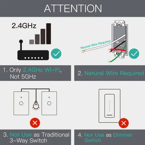 Miniatura 2 de MoesGo - Interruptor de luz inteligente con botón de pared, multicontrol, interruptores de luz WiFi de 2.4 GHz, requiere cable neutro, control