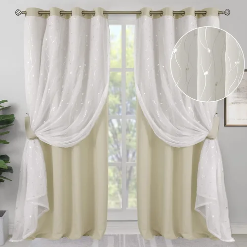 Miniatura 17 de BGment Cortinas de oscurecimiento de habitación con superposición transparente, cortinas de tul estampado plateado de doble capa para sala de estar