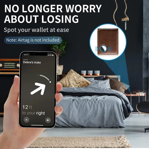 Miniatura 30 de Swallowmall AirTag Billetera para hombre con bloqueo RFID, de piel auténtica, plegable, para AirTag con 1 ventana de identificación, 13 tarjeteros