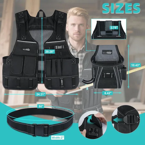 Miniatura 3 de MELOTOUGH Chaleco de herramientas para hombre con bolsillos y cinturón, chaleco de seguridad ajustable de múltiples bolsillos para electricista