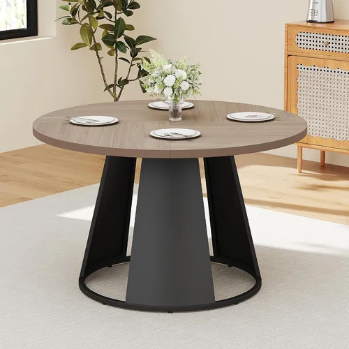 HIPIHOM Mesa de comedor redonda de 47.2 pulgadas, moderna parte superior de madera con base de metal, muebles de cocina y comedor que ahorran