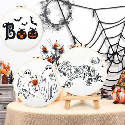 Miniatura 3 de Kit de bordado de Halloween para adultos principiantes, kit de punto de cruz estampado para adultos principiantes, kit de inicio de bordado a mano
