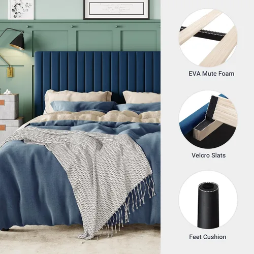 Miniatura 5 de Allewie - Base de cama tamaño King con cabecera acolchada tapizada en terciopelo y diseño acanalado vertical ajustable; plataforma de cama con base