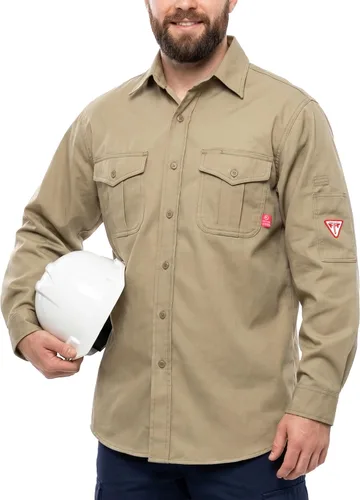 Miniatura 11 de TICOMELA Camisa de soldadura FR de peso medio para hombre, 7.5oz 100% algodón NFPA 2112 CAT2 - Camisa de trabajo con botones resistente al fuego