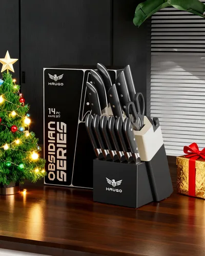 Miniatura 7 de Juego de cuchillos de cocina Haugo con bloque: juego de 14 piezas de cuchillos profesionales de acero inoxidable alemán de tajo completo - Gris negro