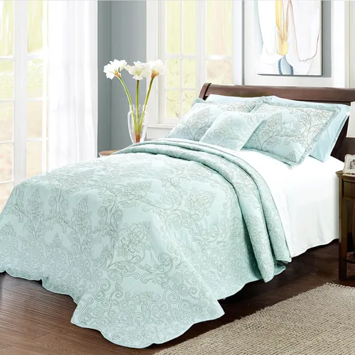 Home Soft Things Juego de colcha de damasco de 4 piezas, edredón reversible con borde festoneado, juego de ropa de cama prelavado, patrón floral en