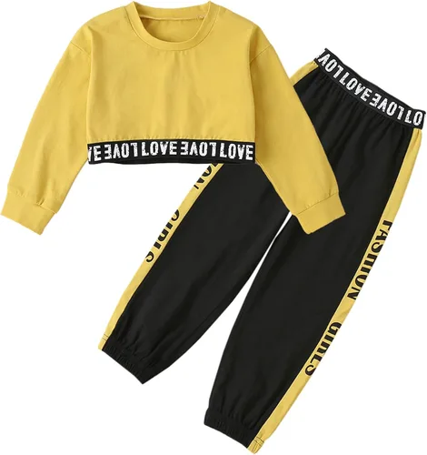 Betusline - Atuendo deportivo de 2 piezas con blusa ombliguera y pantalones para niñas, estilo teñido anudado (18 meses a 14 años)