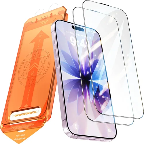 Miniatura 17 de Paquete de 2 protectores de pantalla para iPhone 15 Pro, dureza 9H, protector de pantalla de vidrio templado con kit de alineación automática