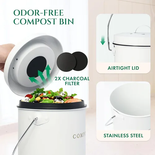 Miniatura 4 de Cubo de compost de 1.3 galones blanco para interior, sin olor, con tapa, para compostaje de residuos de alimentos, contenedor de cocina, contenedor