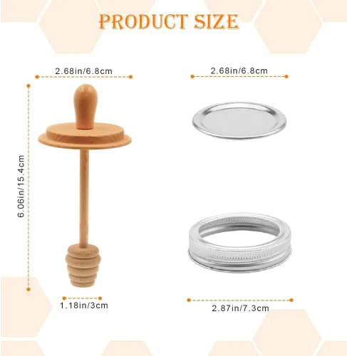 Miniatura 6 de Sun3drucker Juego de tarros de madera para miel con tapas, palo de madera para tarros de boca regular, tapas de panal de miel para boca regular