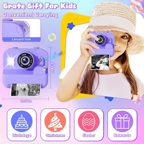 Miniatura 5 de Cámara digital para niños con impresión instantánea - Cámara de video digital HD 1080P para niños pequeños con papel de foto para imprimir, juguete