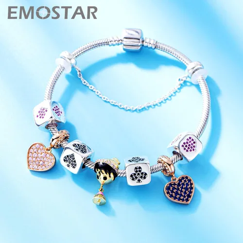 Miniatura 4 de EMOSTAR Abalorios de número 0-9 en forma de dados y cuentas de póquer, 4 trajes de cuentas, plata de ley 925 con circonita cúbica, se adapta a