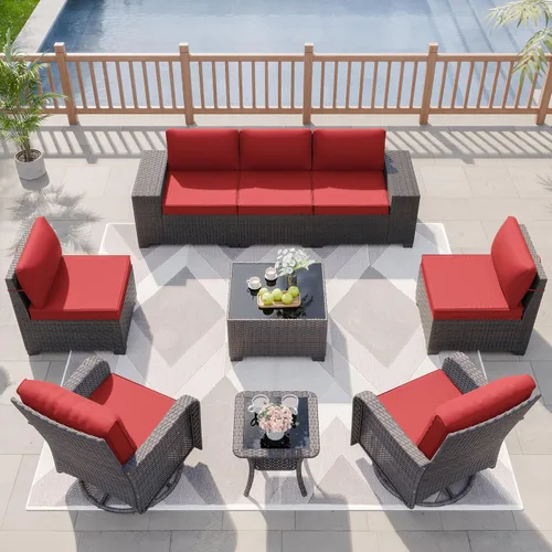 Miniatura 85 de Kurapika juego de muebles de patio 4 piezas de mimbre al aire libre, sillas de ratán, juego informal con mesa de café, juego de bistró con mecedora