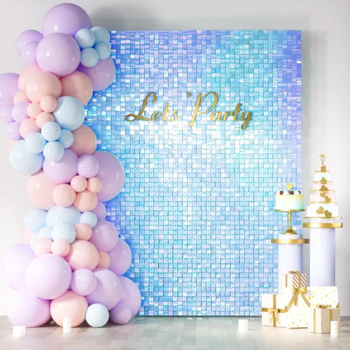 Miniatura 26 de COKAOBE Fondo de pared azul turquesa brillante, 24 piezas de panel de fondo cuadrado de lentejuelas brillantes, fondos de fotos para cumpleaños