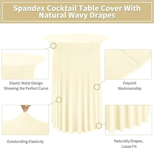 Miniatura 3 de Paquete de 4 manteles redondos para mesa de cóctel, de 32 x 43 pulgadas, de elastano, con cortinas onduladas, color beige, para mesa de boda, bar